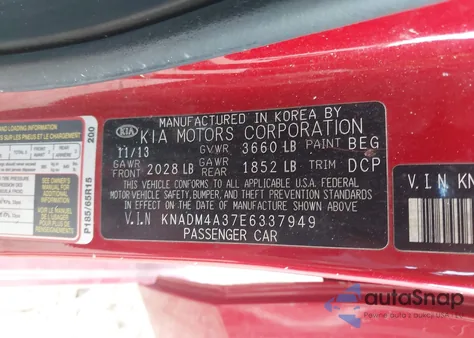 2014 Kia Rio Lx z USA, uszkodzony, nr VIN KNADM4A37E6337949